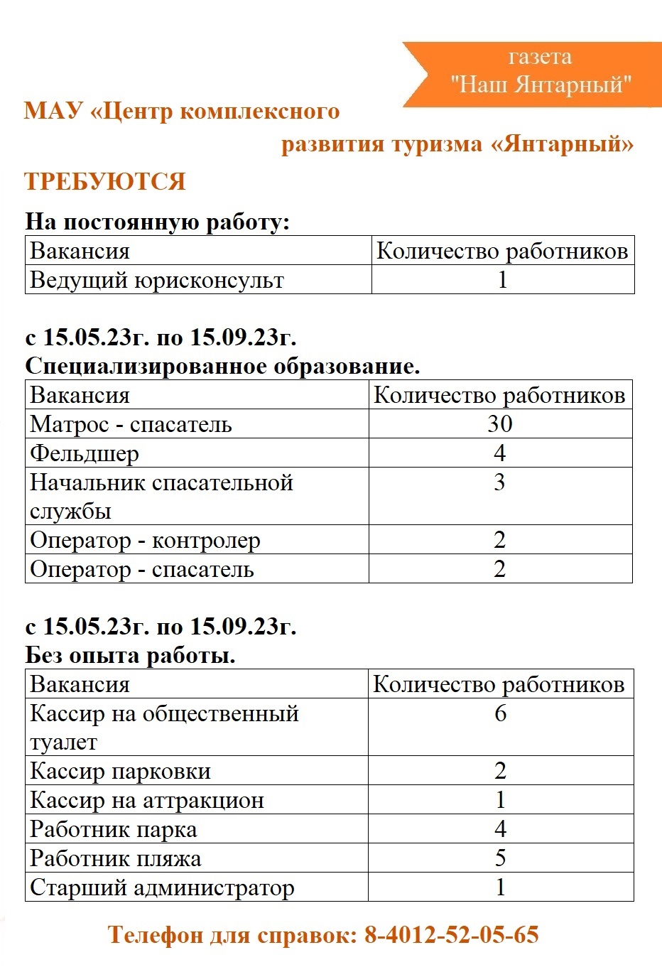 Центр развития туризма «Янтарный» объявляет о вакансиях на время пляжного сезона-2023. 